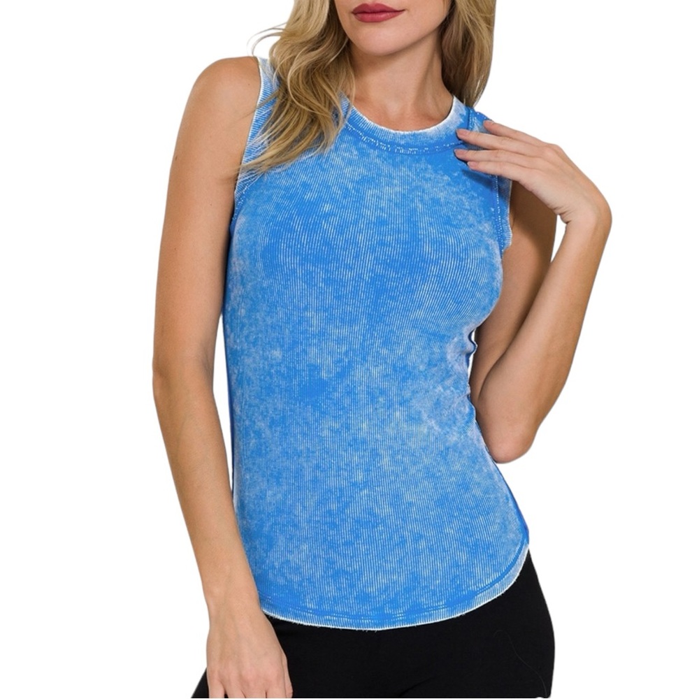 129. Women's Blue Acid Wash Ribbed Round Neck Tank Top NEW